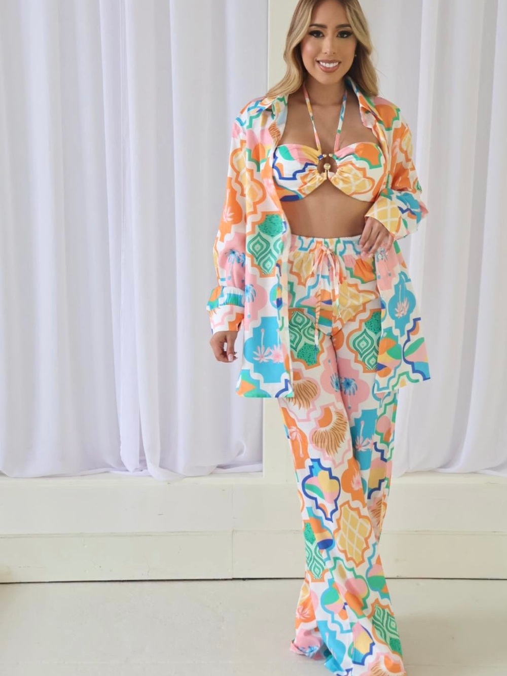 Colorful Geometric Print 3-Piece Set - Pastel Orange, Blue & Green
